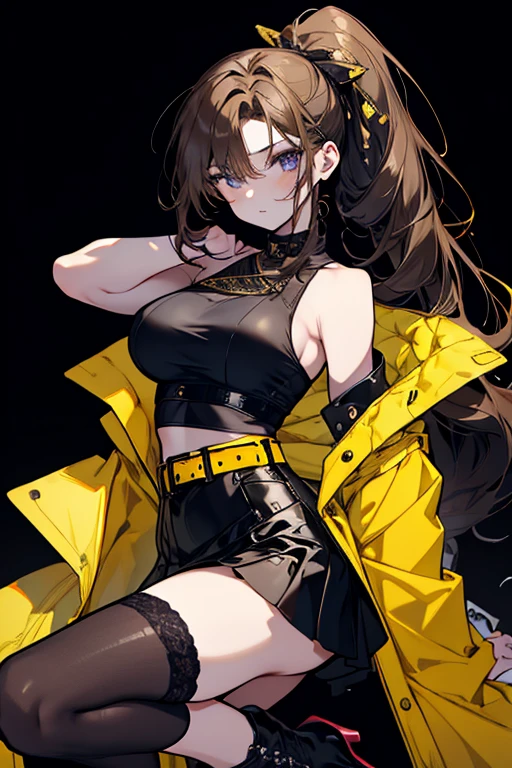 Make a woman with big brown hair and yellow eyes who wears black clothes