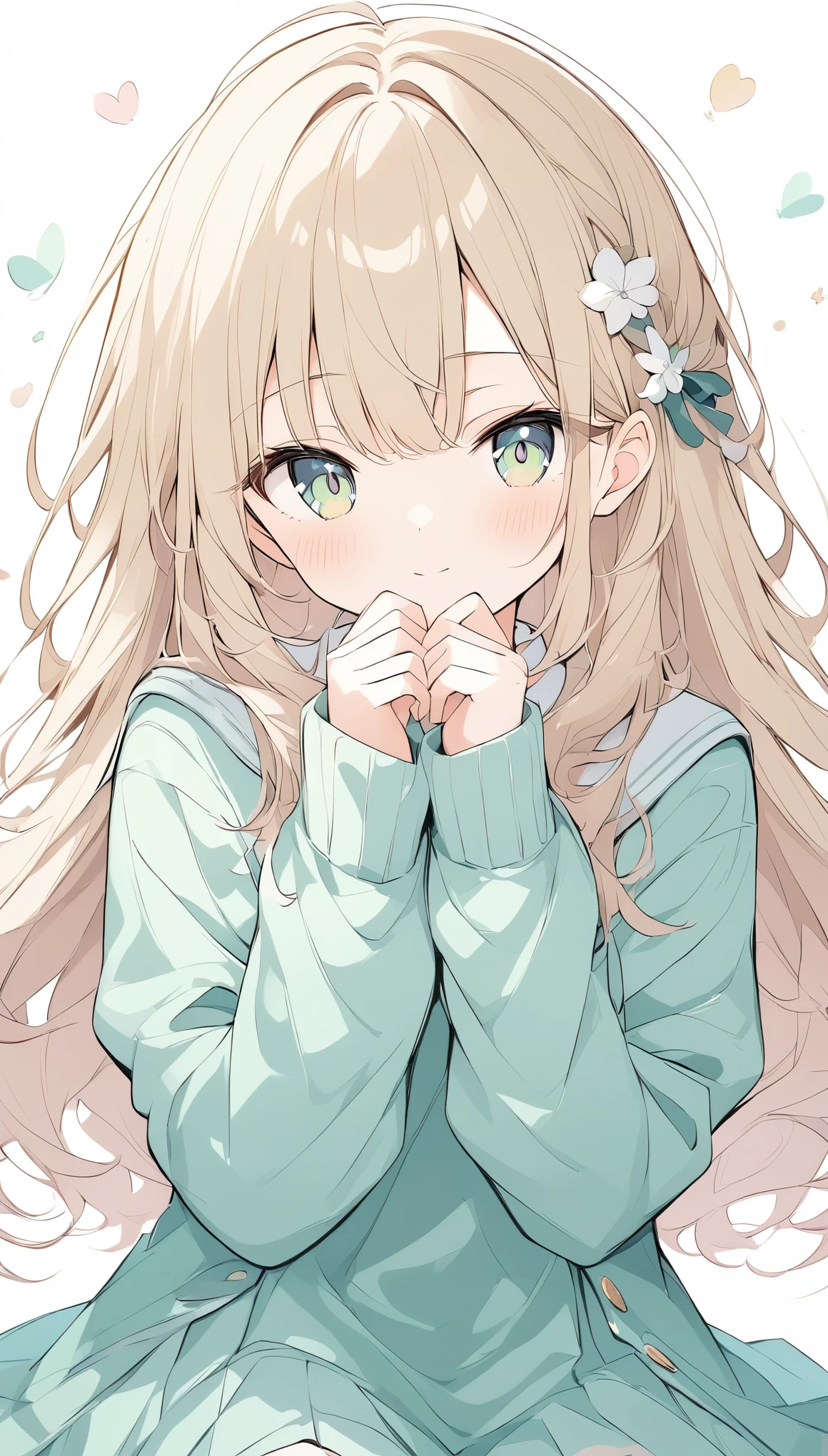 ((Pale colors)),((The pale line art and pale colors create a dreamy and ephemeral impression.)),School uniform, wearing a large sweater, long hair, pale blonde, emerald eyes, looking at the camera with a shy face, hands covering mouth