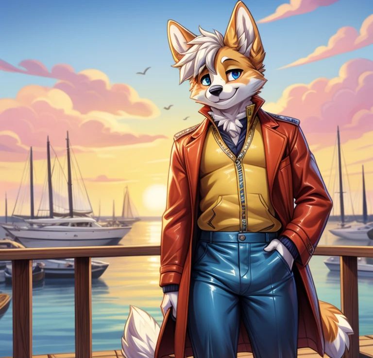 Best quality, Super detailed illustration, cartoon illustration, a furry male corgi, male, blue eyes, village clothing, detailed face and body, disheveled thick white hair, two-tone light orange and white fur, corgi tail, blue and yellow striped leather coat, red pants, smug smile, beautifully detailed eyes, against the background of a harbor on a blue sunny sky, retrowave, skinny, wide hips, style