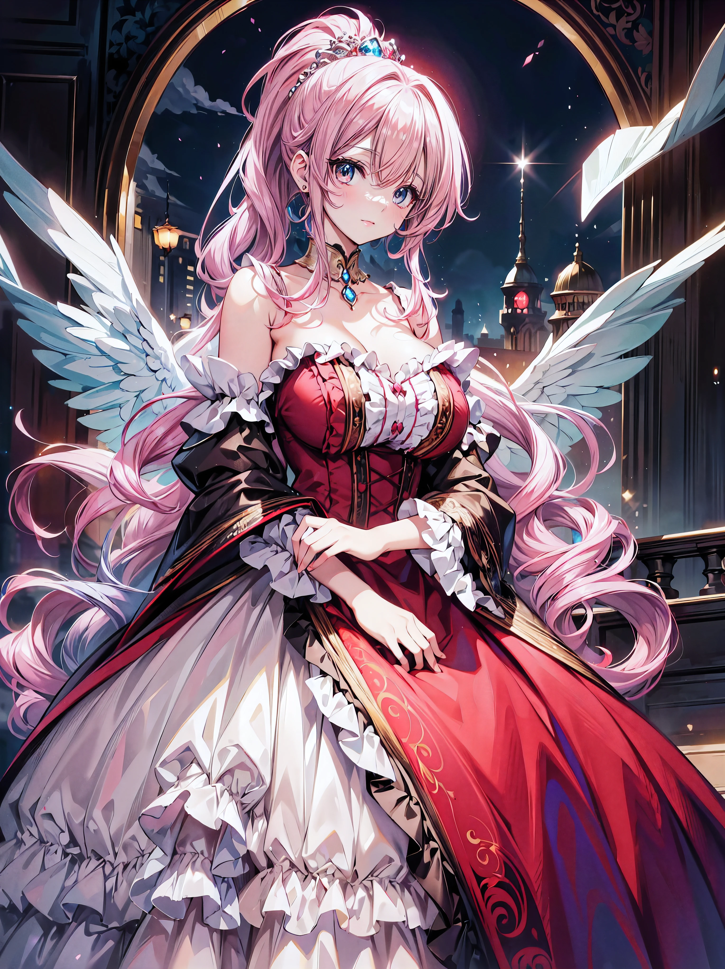 ((masterpiece)), ((top quality)), ((high resolution)), (((ultra detailed))), moe anime art style, (solo younger face princess), full body, (((beautiful eyes blue eyes))), hyper detail eyes, super delicate and beautiful face, beautiful smile, 
BREAK 
((princess rococo gown with voluminous full length hoop skirt and long hem)), (((shiny dark red taffeta fabric))), over skirt with plenty of frills and luxurious embroidery, skirt with precision lace, huge breasts, breast focus, cleavage cutout, 
BREAK 
(((hair pink hair))), (long fluffy ponytail), curly hair, bangs, beautiful silver and jeweled hair accessories, light sparkles, depth of field, magnificent panorama view, 