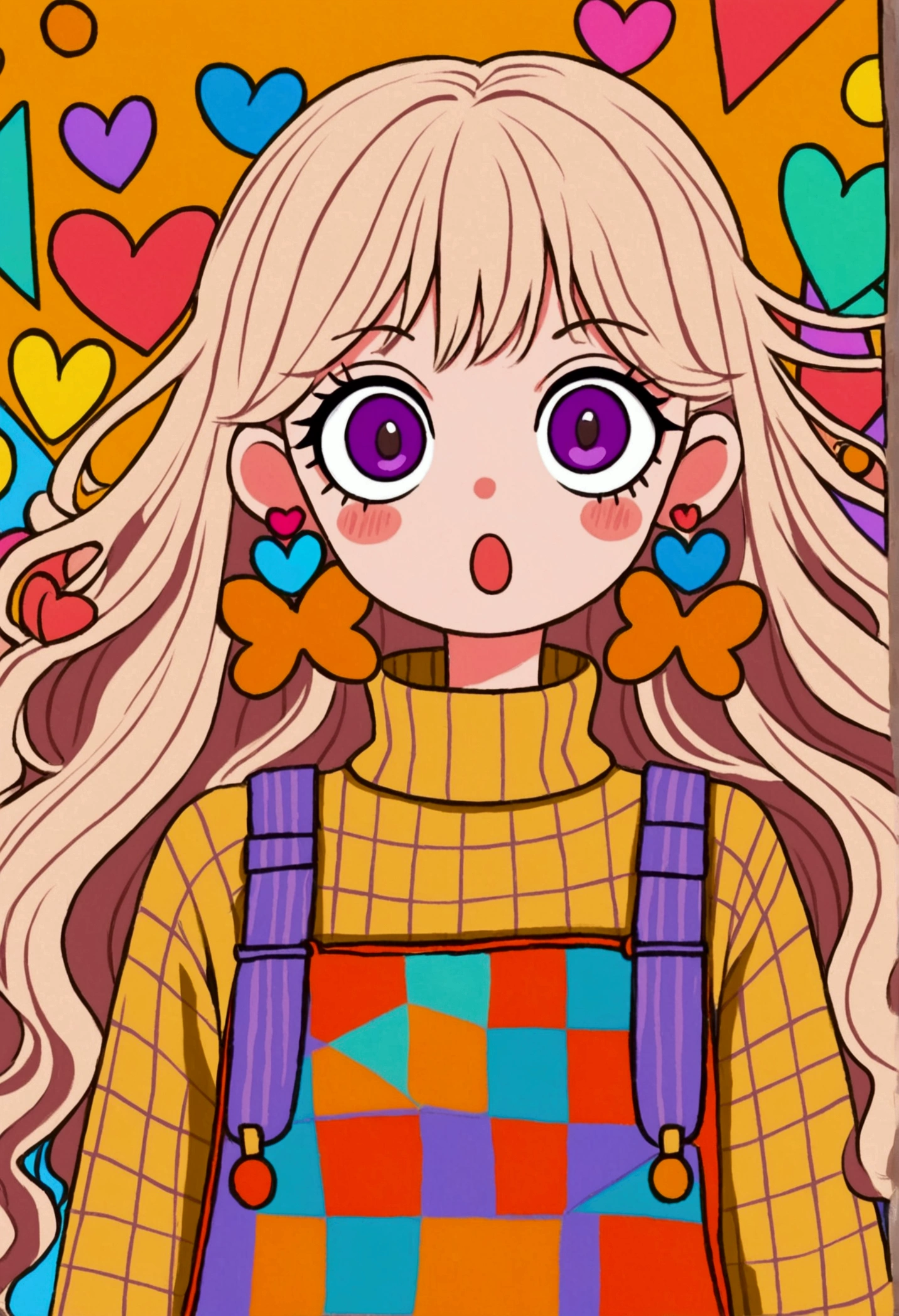 colorful cartoon girl with wide purple eyes, surprised expression, long wavy light hair, large orange bow with hearts, yellow turtleneck sweater, multi-patterned overalls, large geometric earrings, background with various colorful shapes, playful and quirky atmosphere