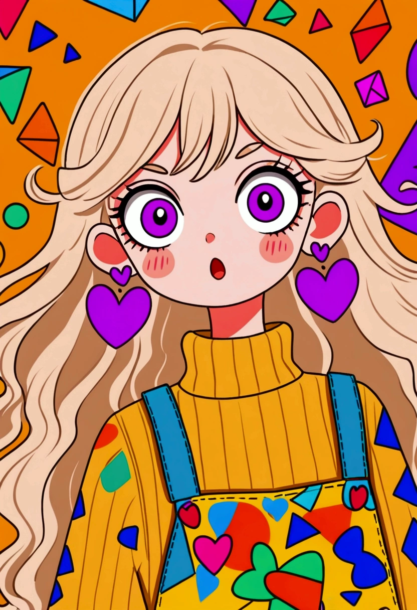 colorful cartoon girl with wide purple eyes, surprised expression, long wavy light hair, large orange bow with hearts, yellow turtleneck sweater, multi-patterned overalls, large geometric earrings, background with various colorful shapes, playful and quirky atmosphere