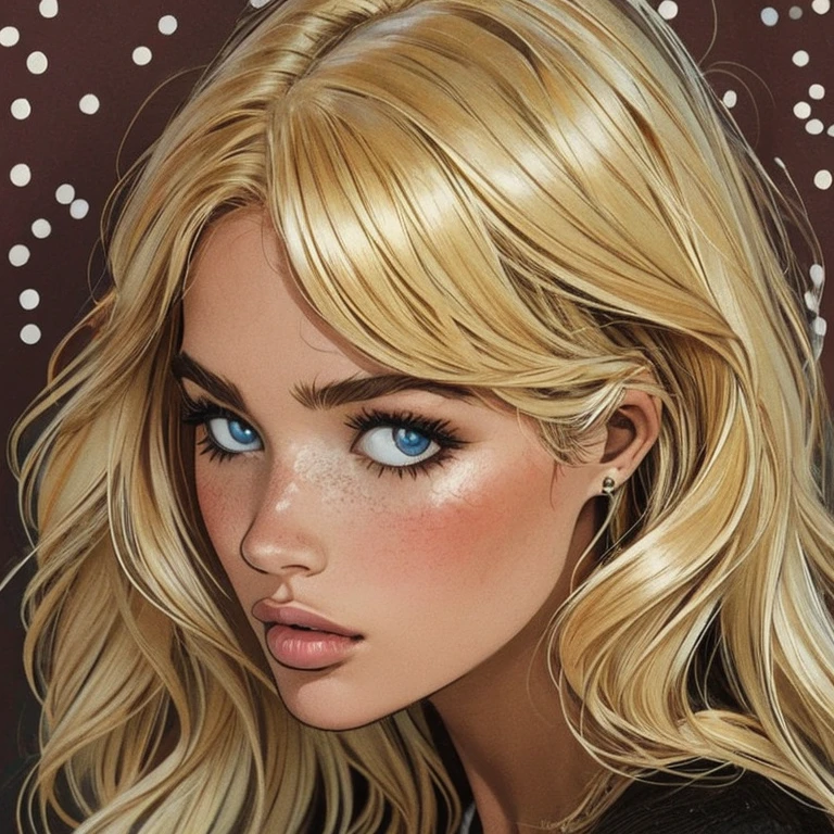 American Pop Art、Blonde beauty、Anime Style、colorful、Face seen from an angle、The background is dots, Barbie doll adult style,Diagonal bangs、Highest Quality, Masterpiece, Ultra High Resolution, (Realistic:1.4), RAW Photo, One Person,