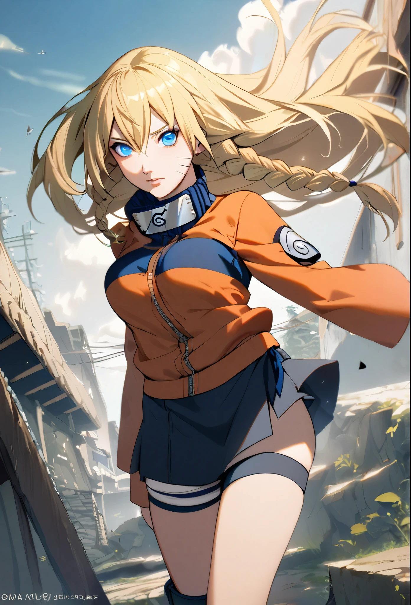 1girl, Alone, blonde hair, Long hair, Breasts, Blue eyes, double braids, Naruto, skirt, short shorts, orange jacket, 