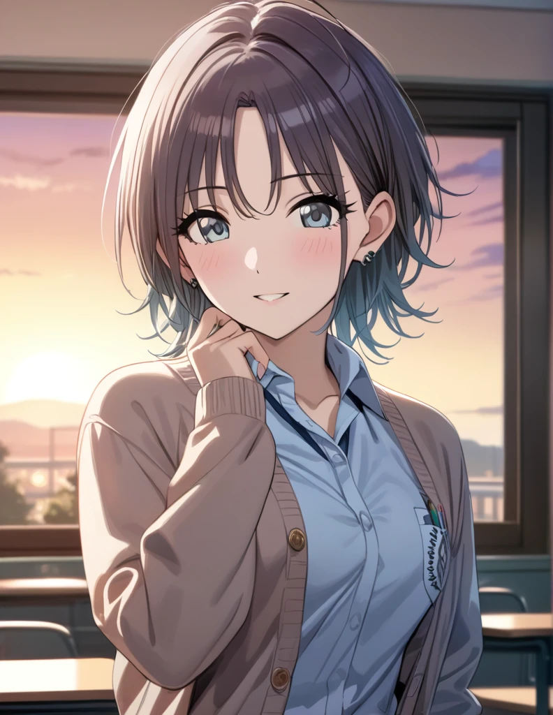 (masterpiece),(Highest quality),(Very detailed),(Best illustrations),(Best Shadow),(Absurd),(Detailed Background),(so beautiful), 4K, 32K,
Official Style,

 asakura_toru,

the idolmaster shiny colors,
chest,
blush,

school uniform, Cardigan,

alone,
Japan,
classroom,
evening,
Sunset,
Background Blur, 
focus on face,
cowboy shot,
realistic skin,