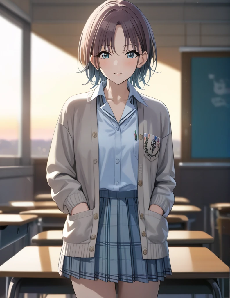 (masterpiece),(Highest quality),(Very detailed),(Best illustrations),(Best Shadow),(Absurd),(Detailed Background),(so beautiful), 4K, 32K,
Official Style,

 asakura_toru,

the idolmaster shiny colors,
chest,
blush,

school uniform, Cardigan,

alone,
Japan,
classroom,
evening,
Sunset,
Background Blur, 
focus on face,
cowboy shot,
realistic skin,