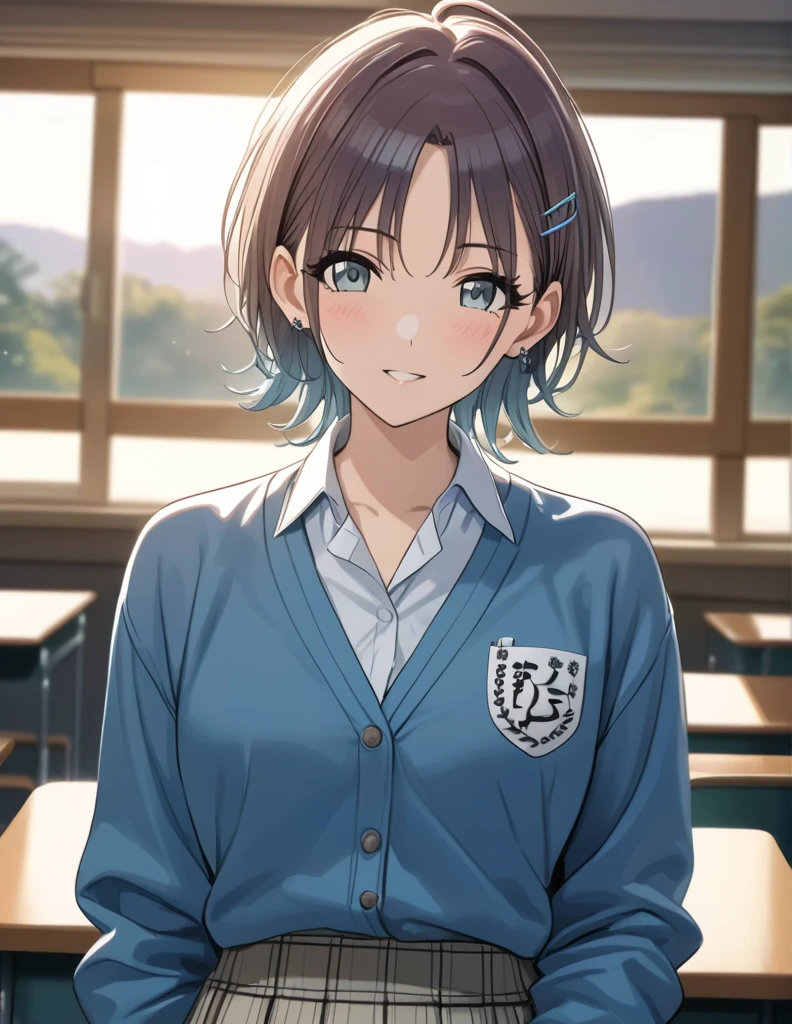 (masterpiece),(Highest quality),(Very detailed),(Best illustrations),(Best Shadow),(Absurd),(Detailed Background),(so beautiful), 4K, 32K,
Official Style,

 asakura_toru,

the idolmaster shiny colors,
chest,
blush,

school uniform, Cardigan,

alone,
Japan,
classroom,
evening,
Sunset,
Background Blur, 
focus on face,
cowboy shot,
realistic skin,