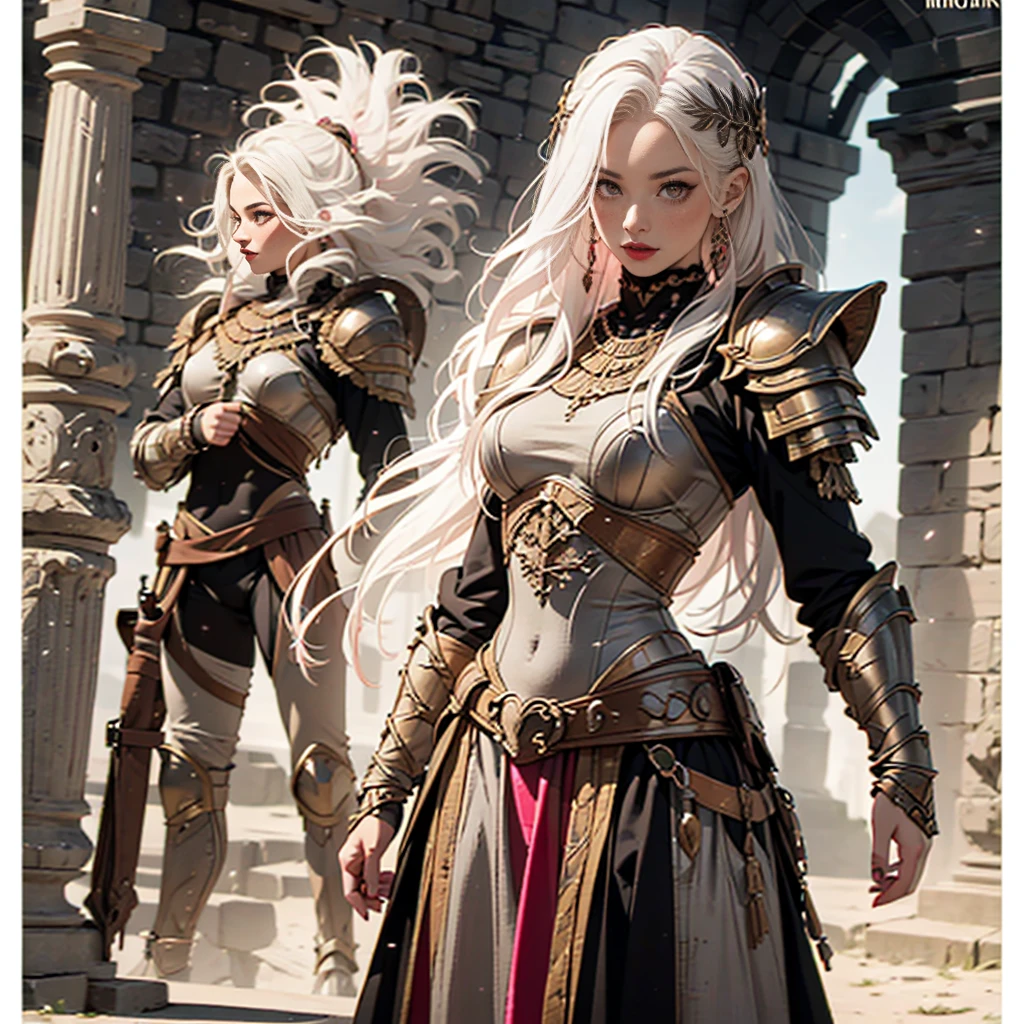 ((1girl, solo, alone, white hair, red eyes, hair ornament, small breasts, long hair, fitness)), ((solo, (1woman, pink lipstick), Extremely detailed, ambient soft lighting, 4k, perfect eyes, a perfect face, perfect lighting, a 1girl)), (( gladiator armor, medieval armor, fantasy armor )) Fantasy rpg inspiration, full body, Reference Sheet, Character Sheet Full-Length, Character Chart, High Resolution, Best Quality, Detail, High Details, High Quality, Textured Skin, 