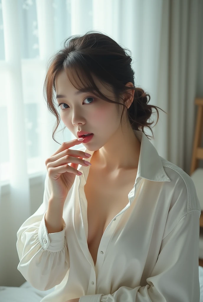 Japanese women、Bedroom、Selfie fair skin、Big Breasts、single eyelid、Year: 35、Moderate、shirt、wedding ring
