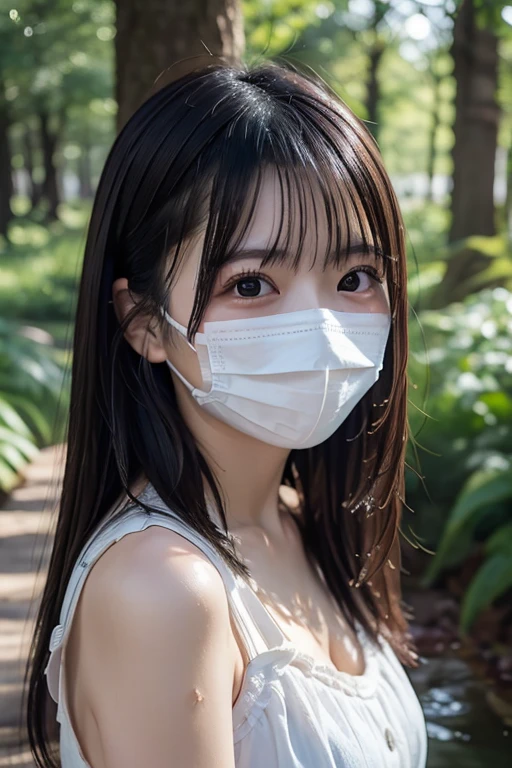 top-quality, masterpiece, Girl crouching on beautiful face, (photographrealistic:1.3), Rim lighting, (High Detail Skins:1.2), 8K UHD, Digital SLR, short cut hair、bangss、 hightquality, hight resolution, 4K, 8K, bokeh dof, absurderes, best ratio four finger and one thumb, (realisitic:1.3), pretty 1girl, Panchira、white panties、Taken from the front、food、White mask