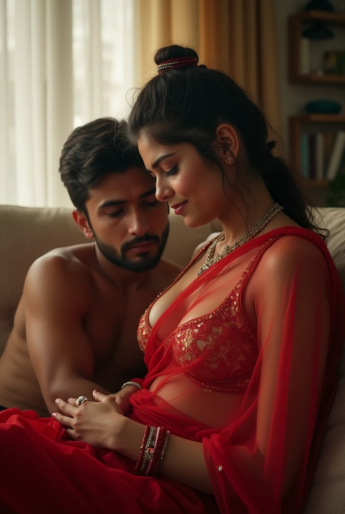 An insanely sexy Indian aunty, her voluptuous body lying in the center of an opulent, king-sized bed. She is on her back, with both legs spread apart in a seductive pose that invites the viewer's gaze. Her toned legs are in the air, bent at the knees, and her toes are playfully curling as if in anticipation of a delightful sensation. The aunty is adorned with pearl jewelry that glistens against her caramel-kissed skin, emphasizing her elegance and allure. A necklace of lustrous pearls falls gracefully between her ample breasts, which are barely contained by a sheer, crimson blouse that reveals the outline of her firm nipples. The same crimson fabric wraps around her waist, hinting at the treasures hidden beneath. The room is dimly lit, casting a warm, sensual glow that accentuates the scene. Her devoted husband, equally entranced by her beauty, lies down with his face near her crotch. His eyes are closed, and his expression is one of pure bliss as he savors the scent of her arousal. The aunty's face is a picture of amusement, her eyes sparkling with mischief as she watches him worship her body. Her plump, red lips are curled into a knowing smile, revealing a hint of teeth. The overall atmosphere is one of intimate playfulness and unbridled passion, a testament to their enduring desire for one another.