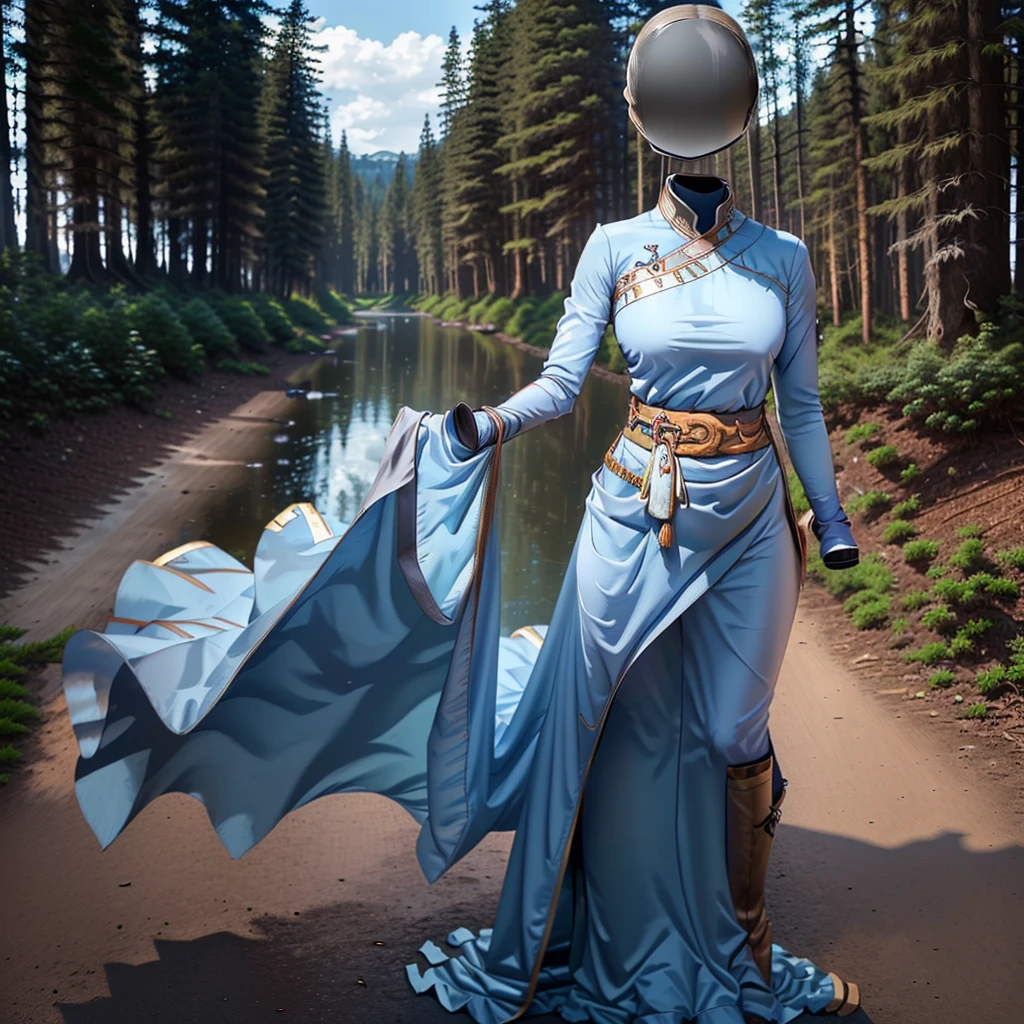 (Best-quality, Masterpiece, Ultra-High-Resolution), (invisible, no humans, headless, faceless:1.5), cute big breasts, (close-up shot of breasts), blue dress, long sleeves, side slit, (defaultLyn), blue dress, pelvic curtain, sash, brown boots, one girl, alone, in forest