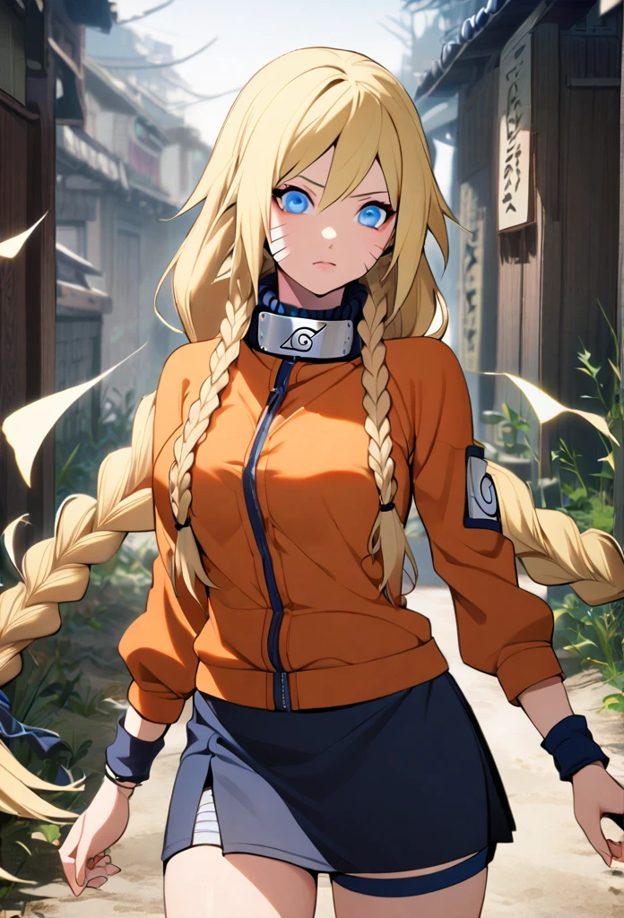 1girl, Alone, blonde hair, Long hair, Breasts, Blue eyes, double braids, Naruto, skirt, short shorts, orange jacket, 