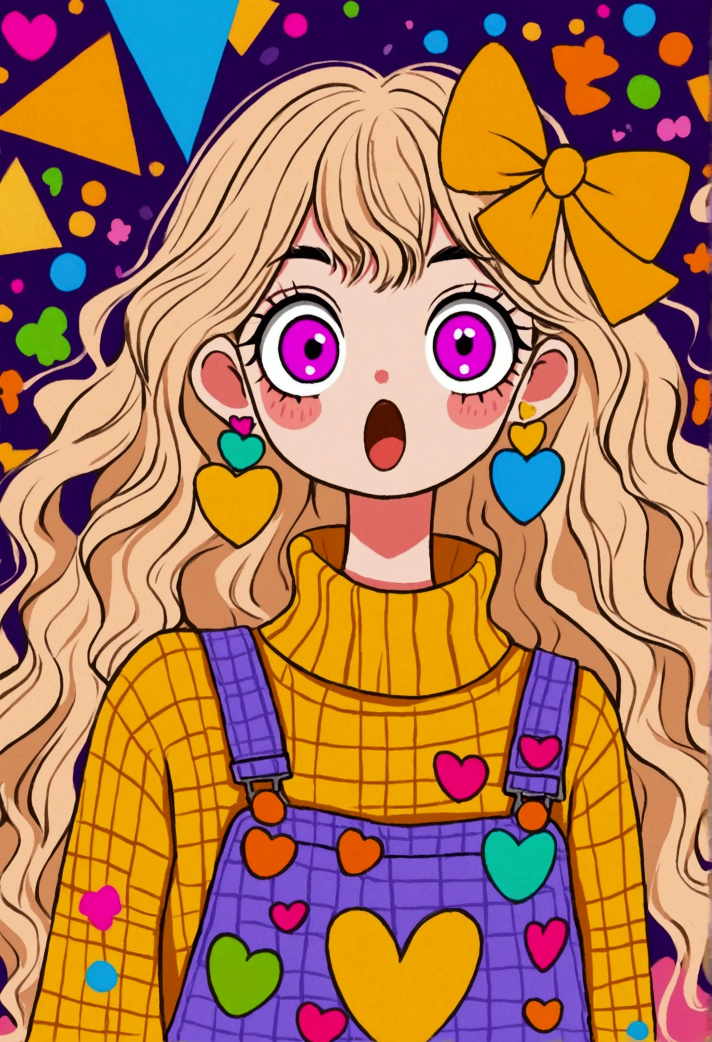 colorful cartoon girl with wide purple eyes, surprised expression, long wavy light hair, large orange bow with hearts, yellow turtleneck sweater, multi-patterned overalls, large geometric earrings, background with various colorful shapes, playful and quirky atmosphere