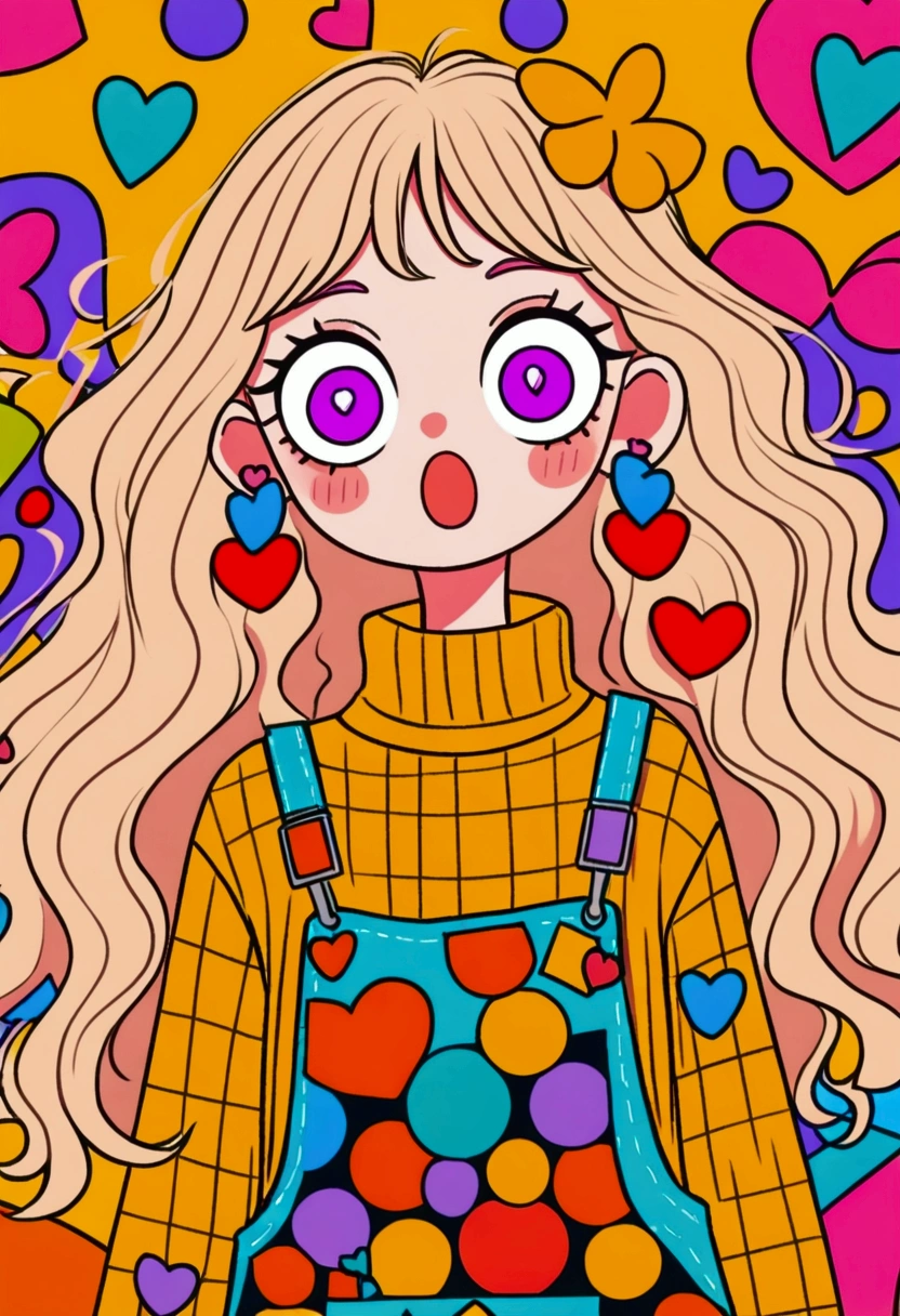 colorful cartoon girl with wide purple eyes, surprised expression, long wavy light hair, large orange bow with hearts, yellow turtleneck sweater, multi-patterned overalls, large geometric earrings, background with various colorful shapes, playful and quirky atmosphere