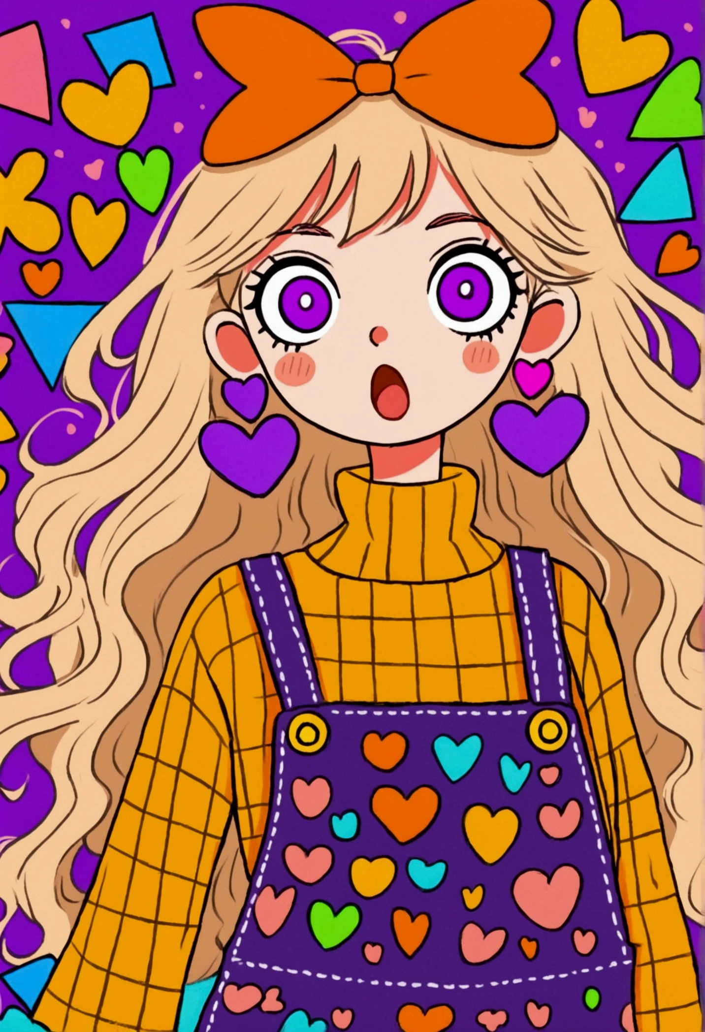 colorful cartoon girl with wide purple eyes, surprised expression, long wavy light hair, large orange bow with hearts, yellow turtleneck sweater, multi-patterned overalls, large geometric earrings, background with various colorful shapes, playful and quirky atmosphere