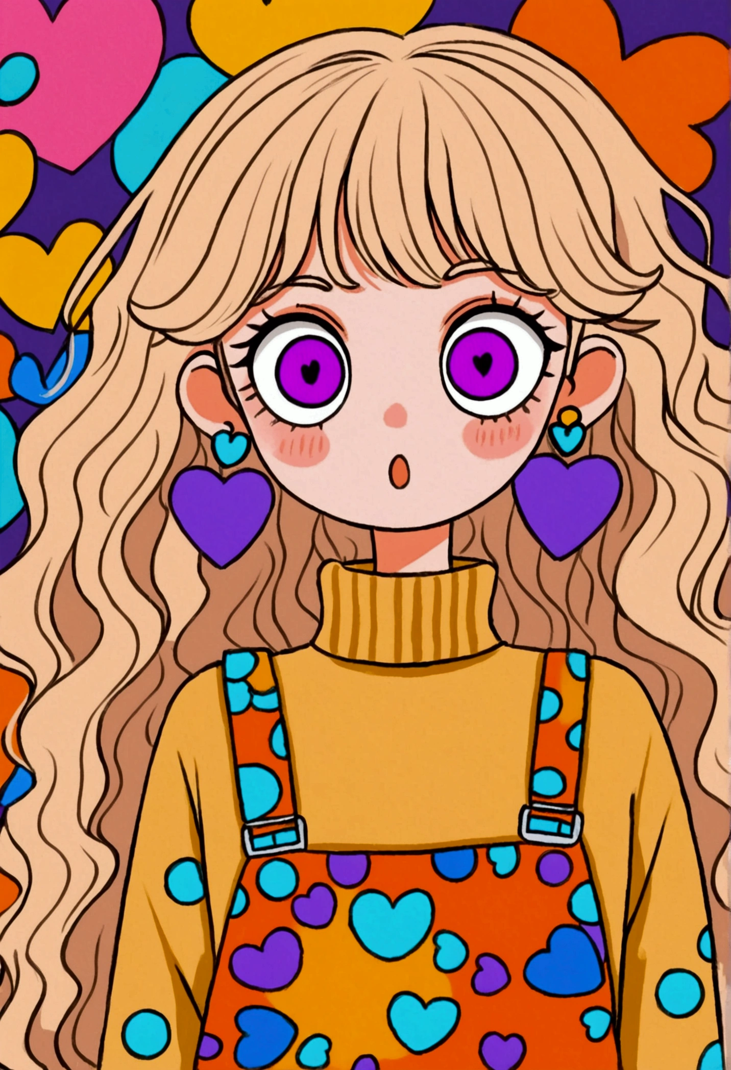 colorful cartoon girl with wide purple eyes, surprised expression, long wavy light hair, large orange bow with hearts, yellow turtleneck sweater, multi-patterned overalls, large geometric earrings, background with various colorful shapes, playful and quirky atmosphere