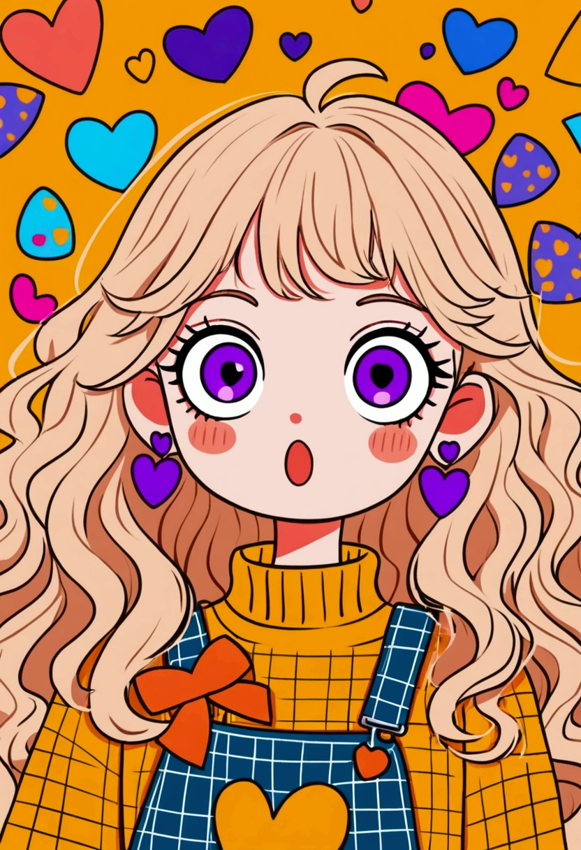 colorful cartoon girl with wide purple eyes, surprised expression, long wavy light hair, large orange bow with hearts, yellow turtleneck sweater, multi-patterned overalls, large geometric earrings, background with various colorful shapes, playful and quirky atmosphere