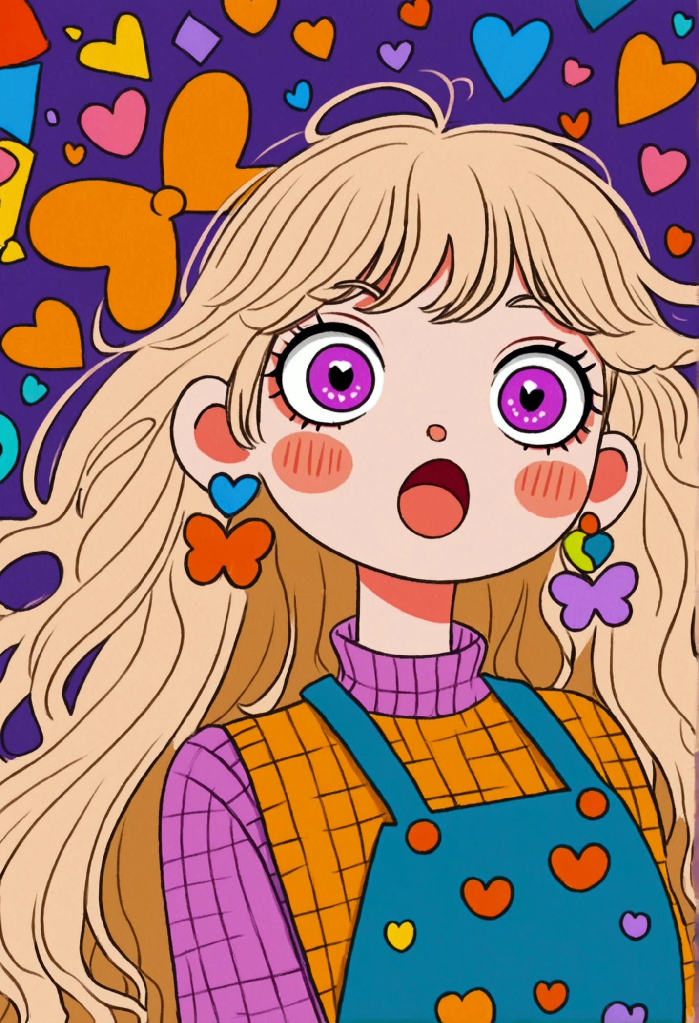 colorful cartoon girl with wide purple eyes, surprised expression, long wavy light hair, large orange bow with hearts, yellow turtleneck sweater, multi-patterned overalls, large geometric earrings, background with various colorful shapes, playful and quirky atmosphere