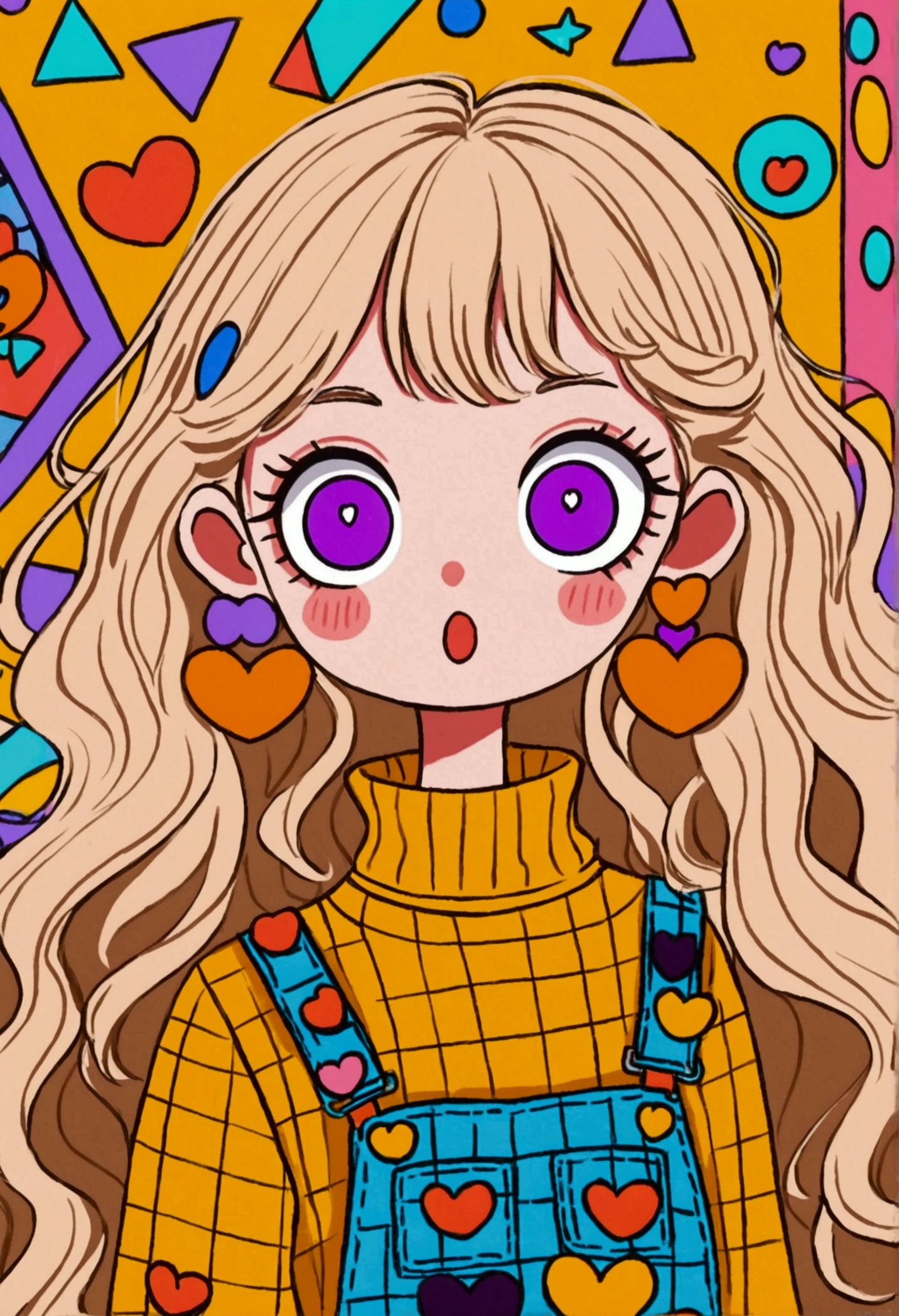 colorful cartoon girl with wide purple eyes, surprised expression, long wavy light hair, large orange bow with hearts, yellow turtleneck sweater, multi-patterned overalls, large geometric earrings, background with various colorful shapes, playful and quirky atmosphere