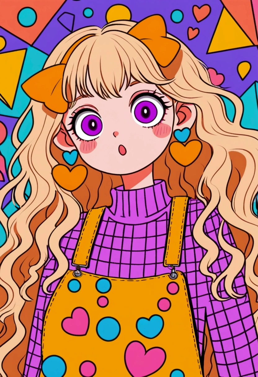 colorful cartoon girl with wide purple eyes, surprised expression, long wavy light hair, large orange bow with hearts, yellow turtleneck sweater, multi-patterned overalls, large geometric earrings, background with various colorful shapes, playful and quirky atmosphere