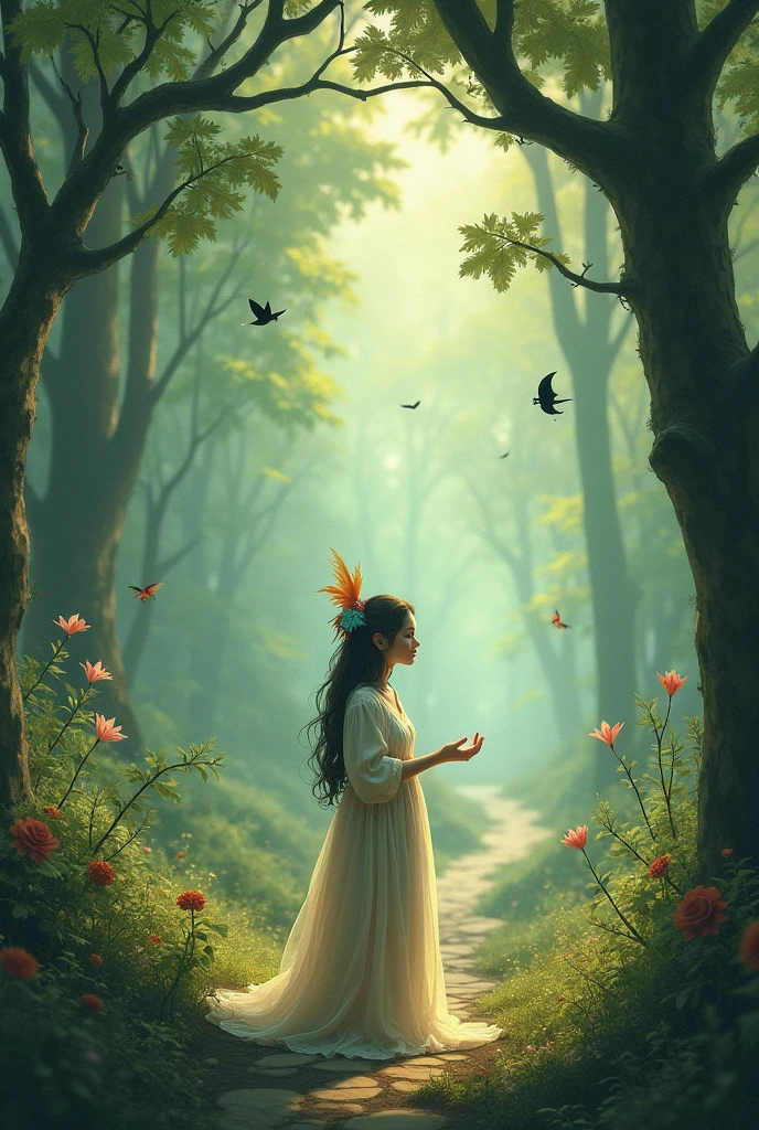 Create an enchanting and whimsical scene depicting a mystical forest glade at twilight. Zephyr, a gentle breeze, is personified as a delicate, winged figure singing a soothing melody, while a charming Black Bee plays a lute, adding to the serenade. Usha, the goddess of dawn, stands gracefully, bidding the assembly to dance. Fragrance, personified as a lovely maiden, is lost in the rhythm, her movements captivating. In the foreground, the Kumbhatua bird, adorned with royal regalia, begins to recite an ode, while the Kalinga bird, the premier panegyrist, appears with a sweet, melodious voice, urging the Queen of Chaste Ladies to awaken as night dawns. Incorporate lush foliage, vibrant flowers, and soft, ethereal lighting to evoke a sense of wonder and magic. The atmosphere should be dreamy, with a touch of mysticism, as if the forest itself is coming alive to pay tribute to the Queen.
