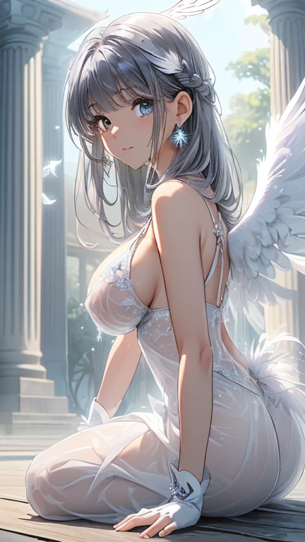 (The background is white bird feathers fluttering:1.9).(The background is a dazzling temple:1.9).(Dazzling pillar of light:1.9).(Angel Halo:1.9).(Colorful transparent angel wings:1.9)、(Top view:1.6).(上eye遣い:1.5).(Place your hands on the ground:1.9).(On all fours:1.8)(how:1.4).(nsfw:1.3).(Shiny skin:1.8).(Wet Skin:1.3).(Big Breasts:2.2).(Nipples are visible:1.1).Show off your breasts:1.5).beautiful girl,最high quality、Best image quality、masterpiece、girl((1 top model、 By becoming、Best Bust、Tea that opened my heart、shining eye,((Heterochromia iridis, (右eye, blue colored 右eye iris)(左eye, gray purple colored 左eye iris), eye; Red and gray purple)), Silver Metallic Hair、(Shiny, transparent indigo hair color:1.3), Silver and white smooth shiny top model hairstyle, Straight silk buns, Cut in a straight line hair and bangs, Bangs+Cut in a straight line, Long and smooth hair、thin,The highest valley、black 、Metallic pink lingerie、Shoulder Jewelry ,Diamond Earrings、Wristbands、White gloves)),high quality、Beautiful art、flight、Scattering fragments of light、Written boundary depth、movie、Visual Arts、Perfect Art、8k,Genuine、Dynamic Performance