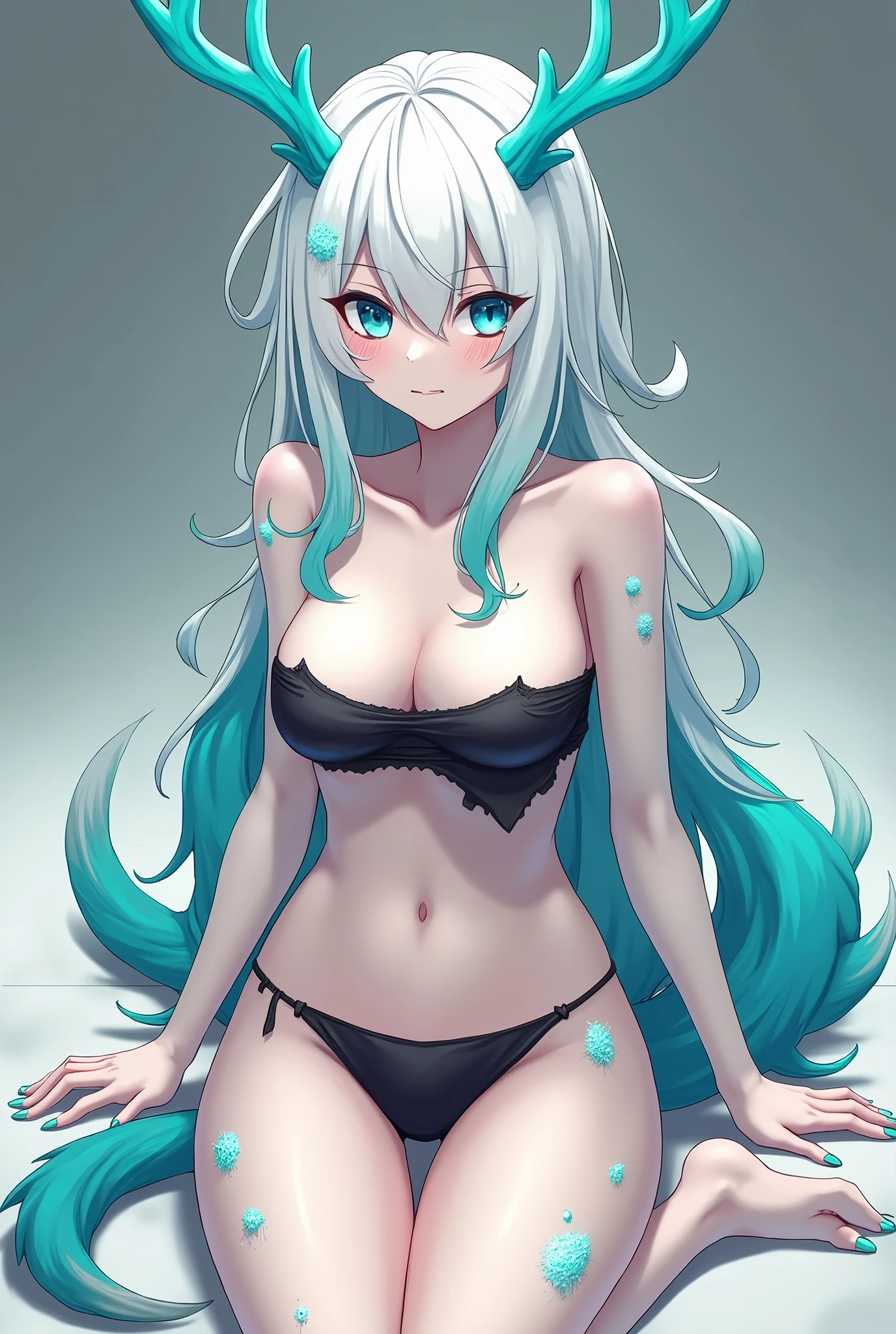 thick thighs, shiny skin, looking at the viewer, cowboy shot, makeup, eyeliner, eyeshadow, (furry:1.5), (anthro:1.2), slime, female slime, anthropomorphic slime female,
blue skin, slimy skin, skin made of slime, slimy hair, blue hair, blue eyes, bra, thong, pulling down underwear, long hair, hands_behind_back,