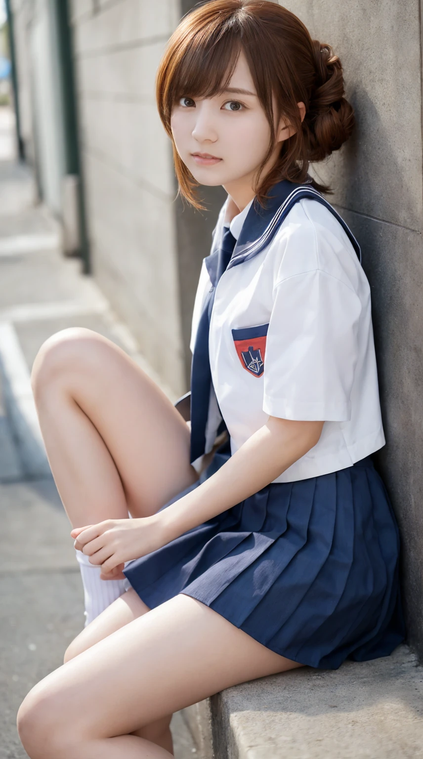 (masterpiece,highest quality,ultra high resolution),japanese woman, very beautiful 10 year old girl, naive girl、(perfect limbs、perfect anatomy)、cute sailor suit、long sleeve sailor suit、navy blue skirt、pure white、Shining beautiful skin、Moist eyes、Brown glittery hair、Colors and landscapes of youth、premonition of love、A girl in uniform is posing、JK uniform、japanese girl uniform ,knee tucked in