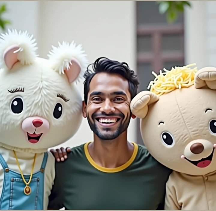 Full-length portrait of an Indian male college student wearing glasses smiling happily between a person wearing a peanut costume and a person wearing a raccoon costume with a leaf on his head