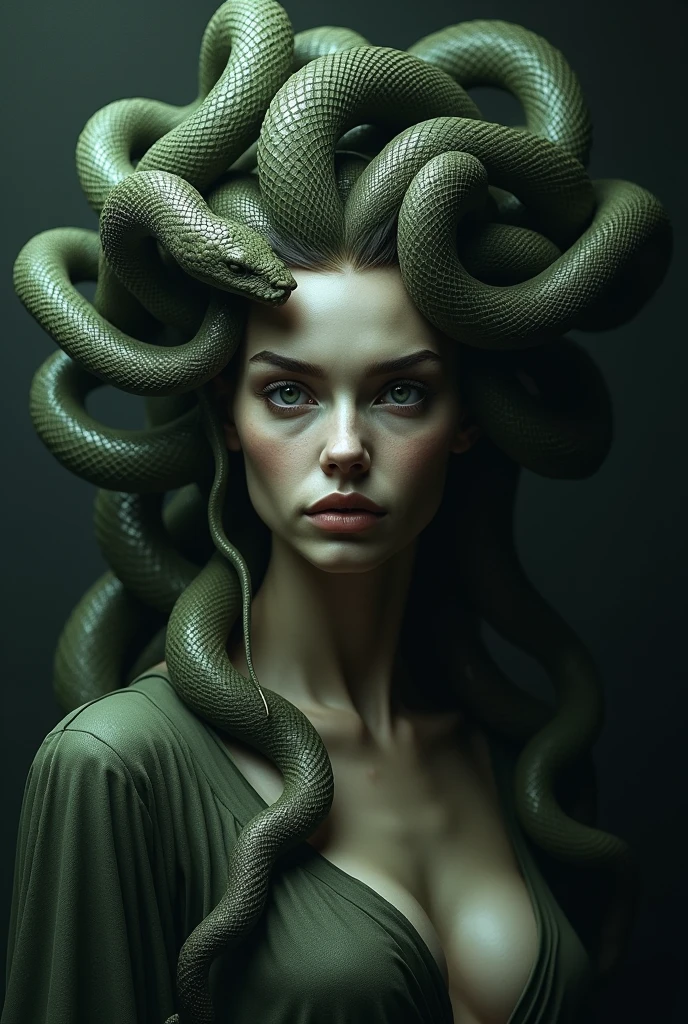 Medusa a woman with snake dreads holding In Greek mythology, Medusa, also called Gorgo,  a human female with living venomous snakes in place of hair, dark, moody, dark fantasy style
