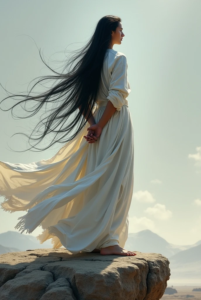 A lone figure stands isolated, her skirt billowing in the wind, unveiling a glimpse of her undergarments. The chaotic scene unfolds as her jet-black hair dances wildly in the breeze, clutching the front of her skirt in a display of movement and disarray. Whimsical, dynamic, windy, revealing, chaotic.