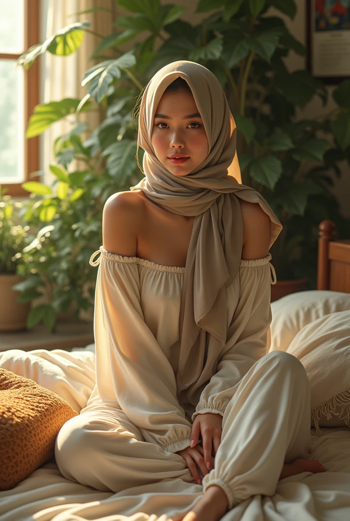 (photorealism:1.2), beautiful malay woman, smiling, chubby, sitting on bed, wearing loose off-shoulder top, wearing hijab, sexy legs, big breast, big butt, indoors, soft lighting, plants in background, bright cozy room, sexy pose, realistic, intricate details, warm colors, by Greg Rutkowski