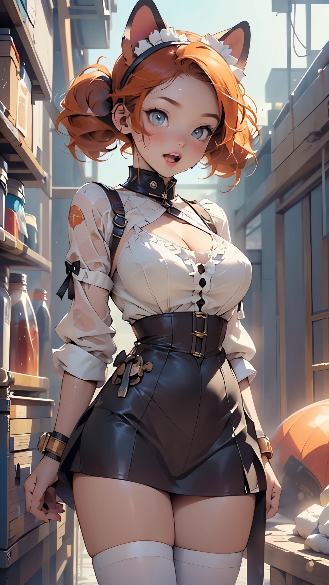 1girl, natural lighting, masterpiece, highly detailed, illustration, game CG, absurdres, high quality, medium breasts, (freckles), redhead, curly hair, ponytail, glossy lips, looking at viewer, lips parted, standing, forest, (leather vest), cleavage, short shorts, holding knife