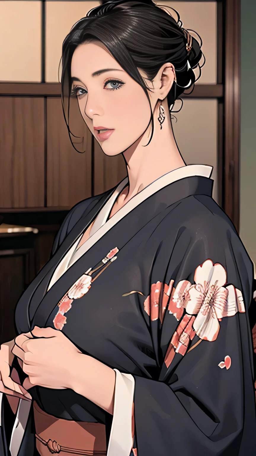 Japanese hairstyle,Photorealism,detailed,masterpiece,mature,((full)), (Broad shoulders), ((Huge)),10yo boy cumshot,Plus size mature women,expensive,30 years old,Pretty face, (Plump woman),Beautiful long-sleeved kimono,kimono,Hold your chest with both hands:1,high quality,Are standing,High Resolution 4K Information,Kyoto,nsfw