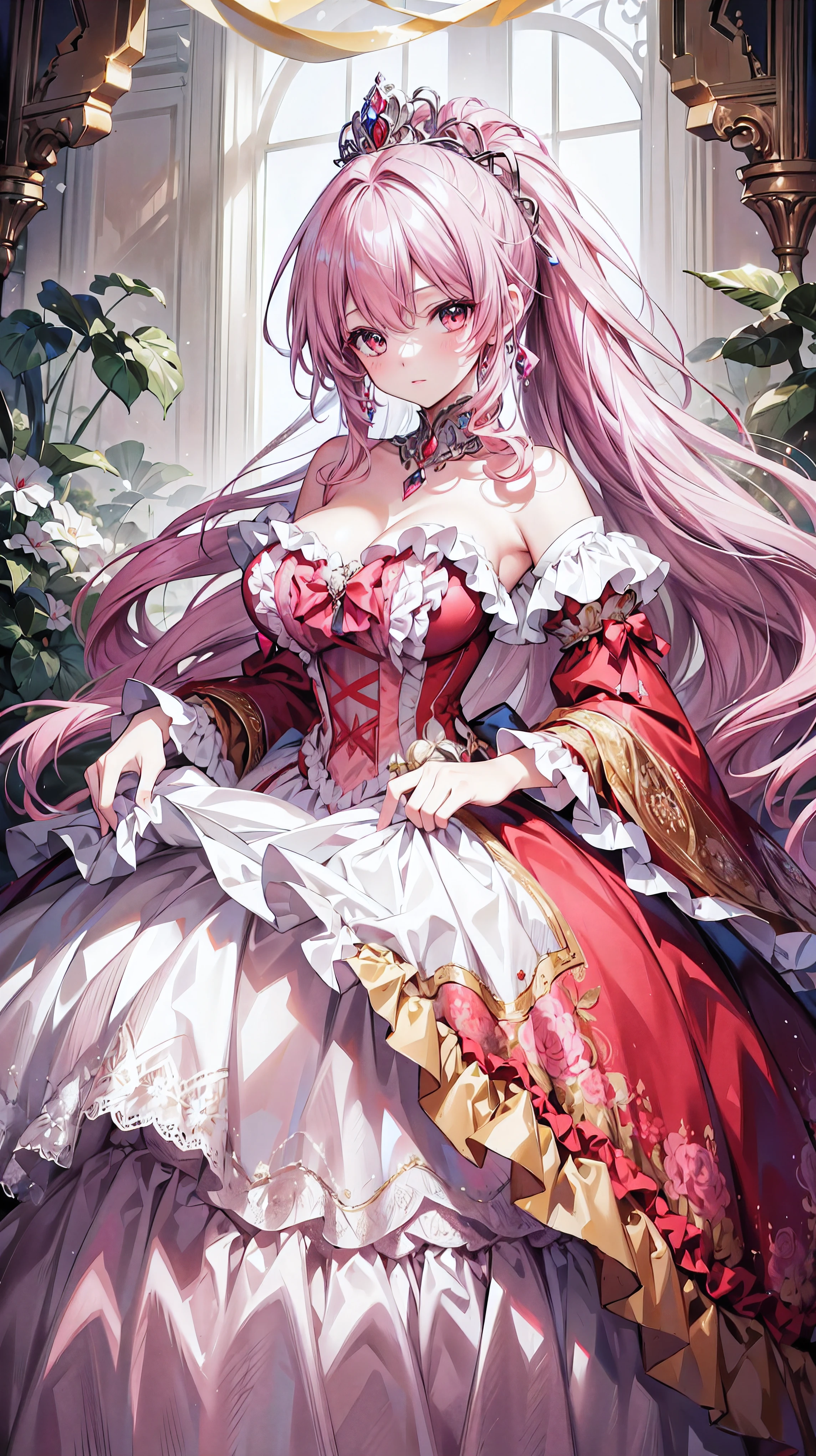 ((masterpiece)), ((top quality)), ((high resolution)), (((ultra detailed))), moe anime art style, (solo younger face princess), full body, hyper detail beautiful eyes, super delicate and beautiful face, beautiful smile, 
BREAK 
(((princess rococo gown with voluminous full length hoop skirt and long hem))), shiny dark red taffeta fabric, over skirt with plenty of frills and luxurious embroidery, skirt with precision lace, huge breasts, breast focus, cleavage cutout, 
BREAK 
(((hair pink hair))), (long fluffy ponytail), curly hair, bangs, beautiful silver and jeweled hair accessories, light sparkles, depth of field, 