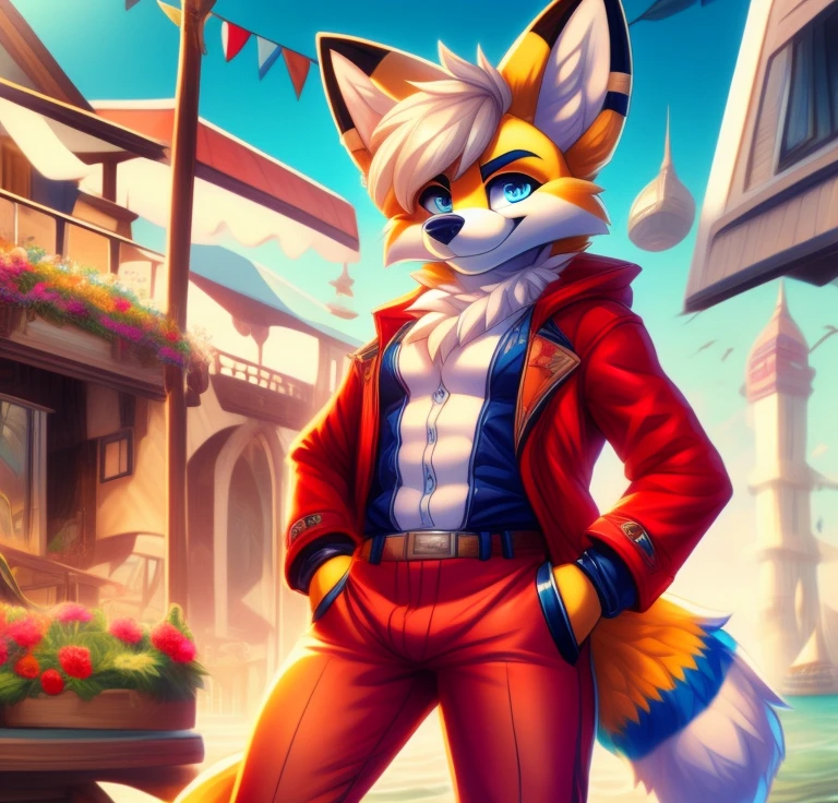 Best quality, Super detailed illustration, cartoon illustration, a very tall furry male corgi fox hybrid, male, blue eyes, village clothing, detailed face and body, disheveled thick white hair, two-tone light orange and white fur, corgi tail, blue and yellow striped leather coat, red pants, smug smile, beautifully detailed eyes, against the background of a harbor on a blue sunny sky, retrowave, skinny, slim, wide hips, style