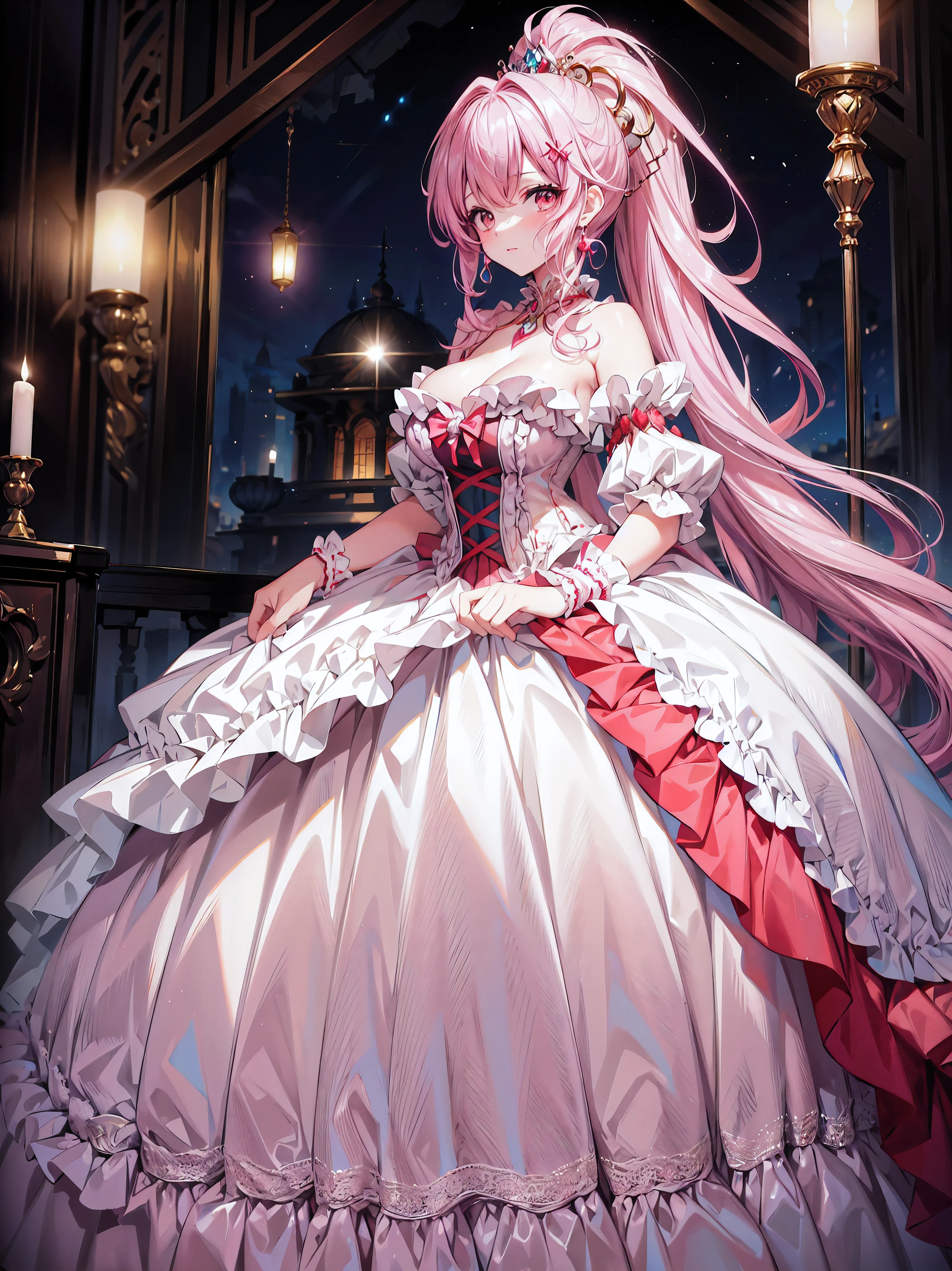 ((masterpiece)), ((top quality)), ((high resolution)), (((ultra detailed))), moe anime art style, (solo younger face princess), full body, hyper detail beautiful eyes, super delicate and beautiful face, beautiful smile,
BREAK
(((princess rococo gown with voluminous full length hoop skirt and long hem))), shiny dark red taffeta fabric, over skirt with plenty of frills and luxurious embroidery, skirt with precision lace, huge breasts, breast focus, cleavage cutout,
BREAK
(((hair pink hair))), (long fluffy ponytail), curly hair, bangs, beautiful silver and jeweled hair accessories, light sparkles, depth of field,