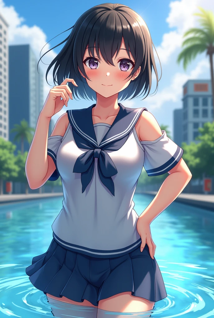 A girl with very dark purple hair tied in a ponytail and bangs, light blue headband, white and light blue striped top with bare shoulders, short color negro, black buccaneers and a round water bottle