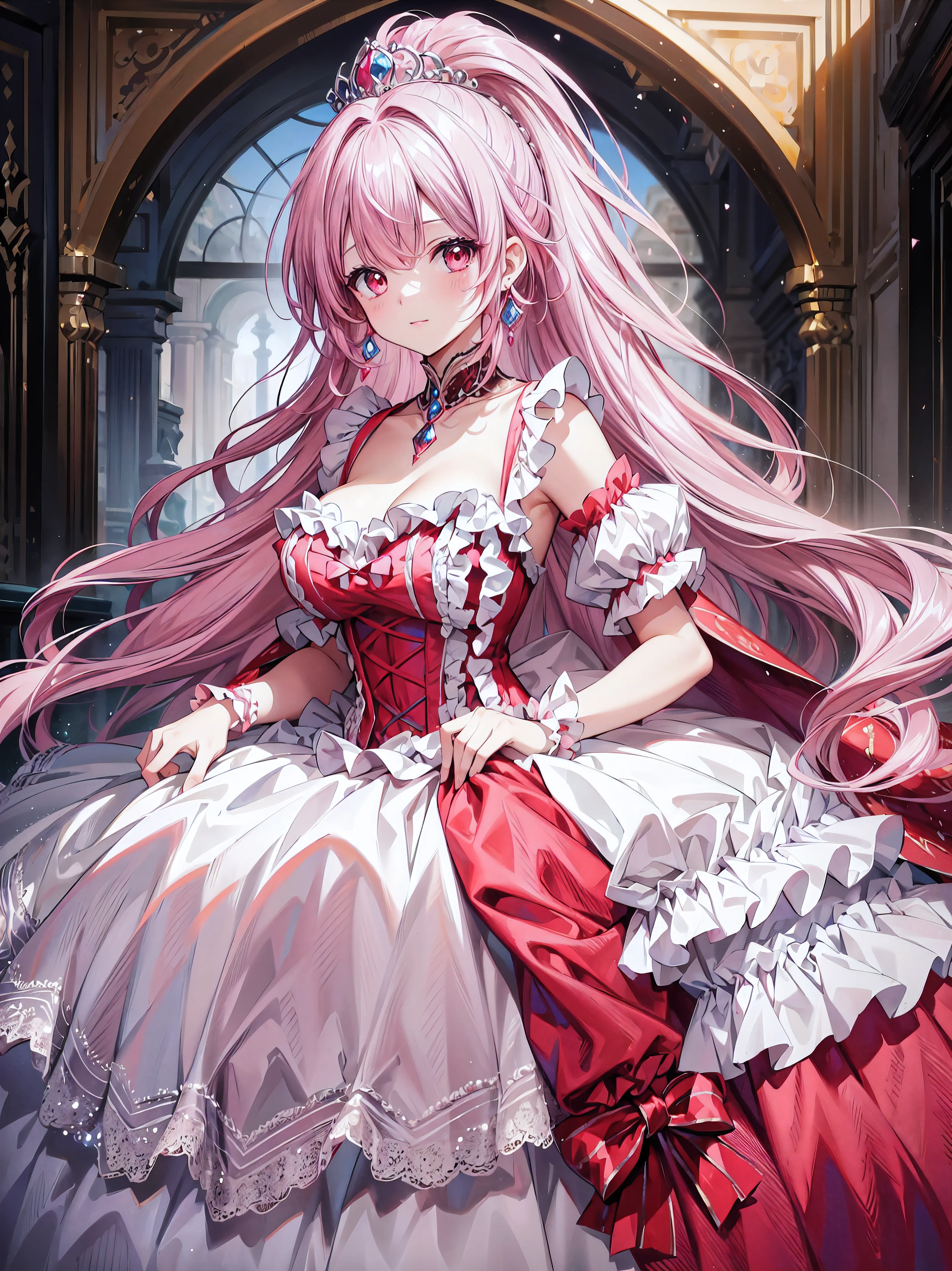 ((masterpiece)), ((top quality)), ((high resolution)), (((ultra detailed))), moe anime art style, (solo younger face princess), full body, hyper detail beautiful eyes, super delicate and beautiful face, beautiful smile, 
BREAK 
(((princess rococo gown with voluminous full length hoop skirt and long hem))), shiny dark red taffeta fabric, over skirt with plenty of frills and luxurious embroidery, skirt with precision lace, huge breasts, breast focus, cleavage cutout, 
BREAK 
(((hair pink hair))), (long fluffy ponytail), curly hair, bangs, beautiful silver and jeweled hair accessories, light sparkles, depth of field, 