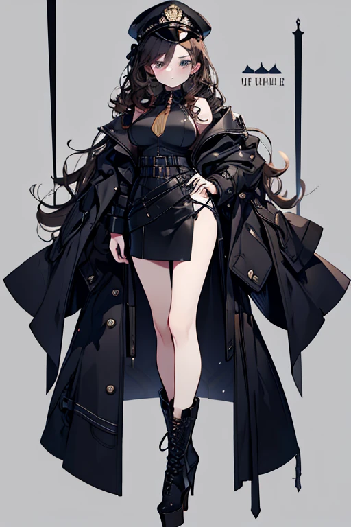 Anime woman with brown hair wearing black armor, a black coat, black skirt and high heel boots