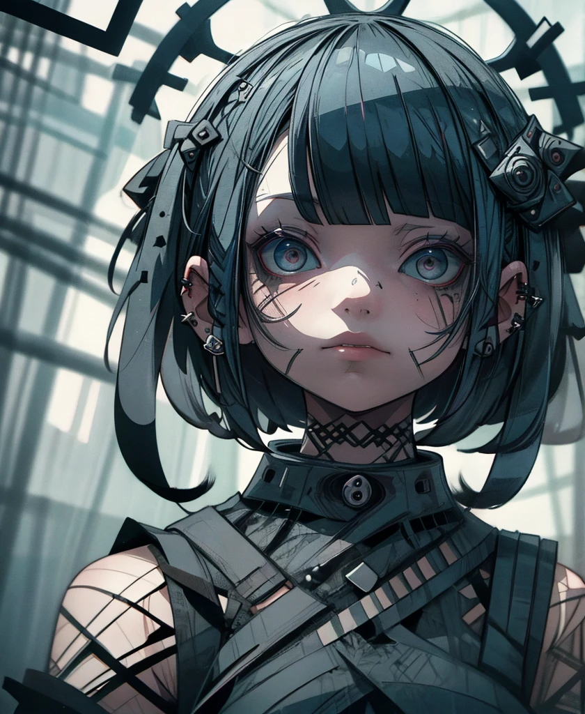 Relief, ｍulti-layered, transparency, asymmetry, 1girl, solo, brutal, dark gothic punk, piercing, blunt bangs, dark blue hair, straight short bob, water mirror, ultra dynamic angle, ultra dynamic posture, ultra detailed, 8k.