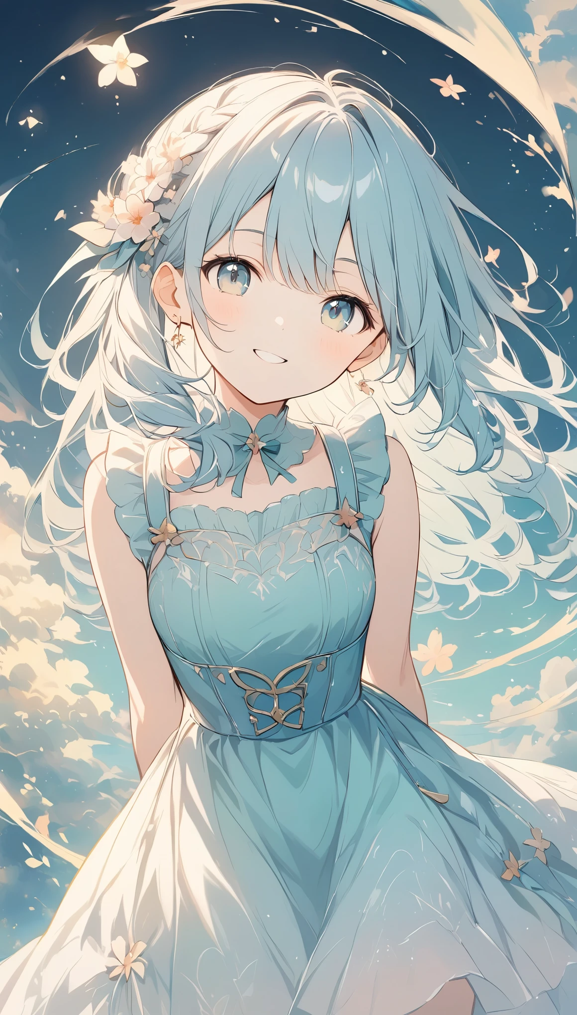 The pale line art and pale colors create a dreamy and ephemeral impression.,Standing, hands behind back, leaning forward slightly, looking at camera, smiling