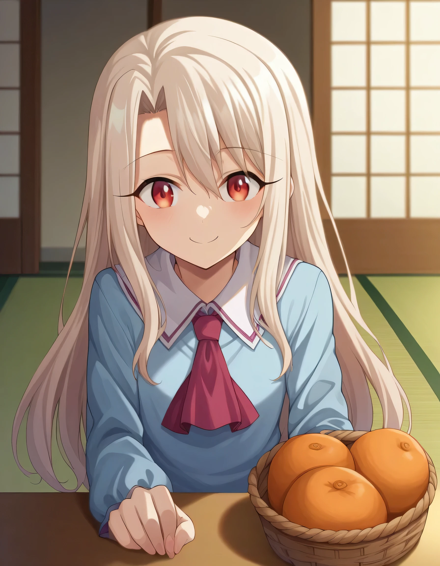 score_9、score_8_up、source_anime、One girl、illyasvielvoneinzbern、Illyasviel von Einzbern、Long Hair、Red eyes、White Hair、shirt、Long sleeve、Ascot、紫のshirt、Viewer、smile、Japanese style room,Oranges in a basket on top of a kotatsu、Shoji screen behind、A girl is relaxing and warming up in a kotatsu、In front is a kotatsu, a girl and a shoji screen((Kotatsu futon))