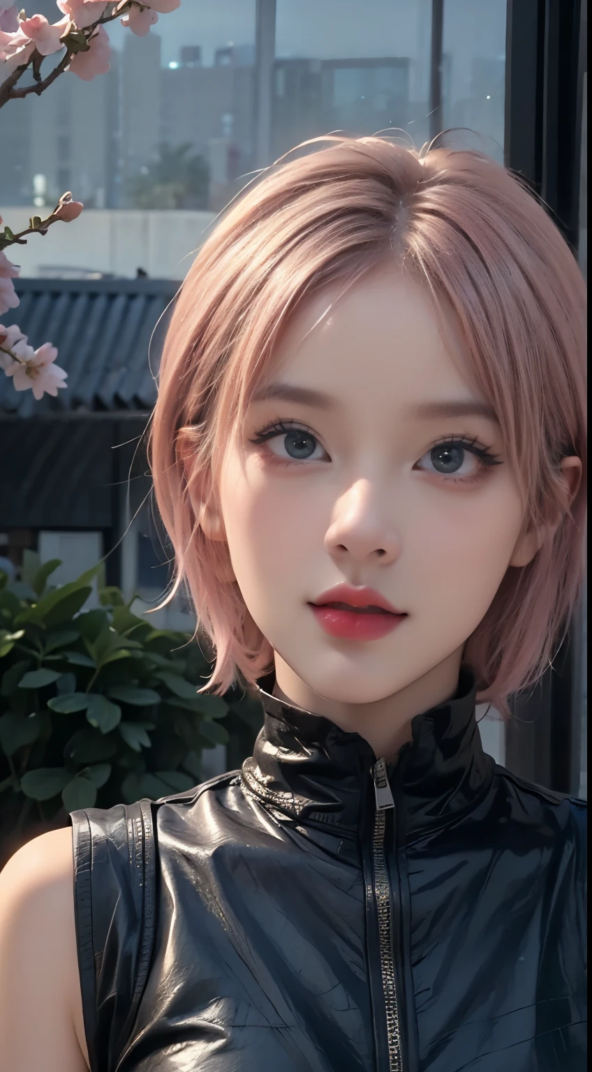 Young woman, porcelain skin, short pink hair, heart-shaped face, wide forehead, thin pink eyebrows, big jade green eyes, long eyelashes, buttoned nose, peach lips, black leather dress, Sakura Haruno, 3d, realistic, realism, high focus, details, futuristic city, future, buildings, night