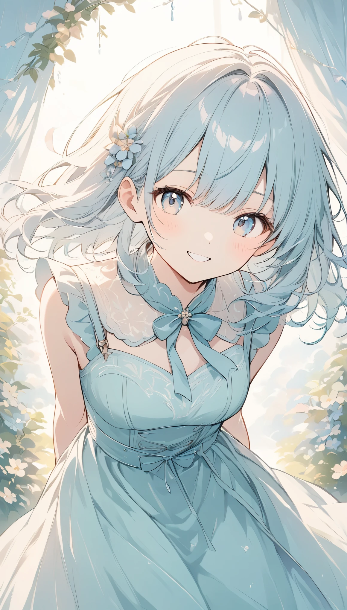 The pale line art and pale colors create a dreamy and ephemeral impression.,Standing, hands behind back, leaning forward slightly, looking at camera, smiling