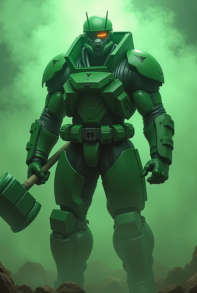 man in green dangerous hazard suit, armored suit, Dangerous hazard mask, full body, tall body, muscled body, green mist background, toxic background, holding a green hammer, futuristic, Apex Legend style, Solo,