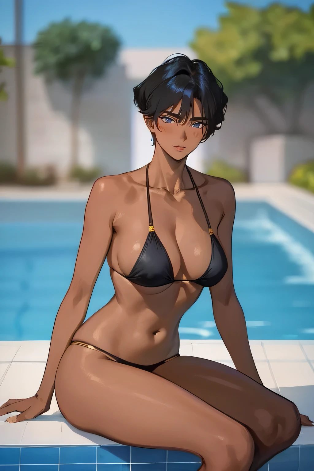 mature female, dark skinned female, dark skin, 
black hair, short hair, makeup, brown eyes, HayamiAyuko, sitting by pool, bikini