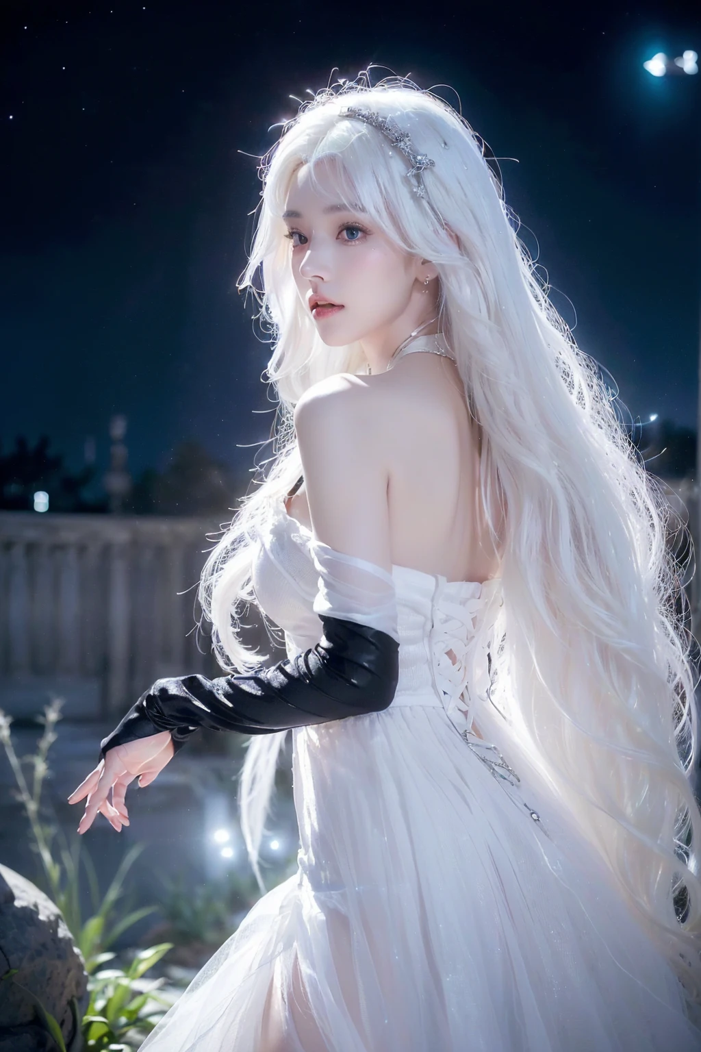 (((From this knee up)), Night view, Stella, (((masterpiece:1.5, detailed:1.4)), top view, Backlight, A fantastic atmosphere envelopes this ancient city as this sun sets。At this center of this magical moment is a woman、(White hair girl:1.5)and、Her beautiful hair、(Backlight)A shimmering white waterfall flows down from below.。Exudes mysterious charm、Suspended particles bloom in this surrounding air、Her beauty、（Beautiful white and shining skin:1.3）Exudes a mysterious glow。this((A dress as black as this night sky))It is beautiful and decorated、The off-shoulder design makes the overall look more feminine.
