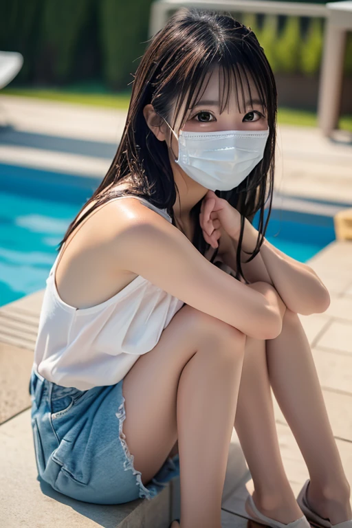night(night)、Covering the mouth with a mask、8K、High resolution、masterpiece、Realistic、In detail、Fine texture、Head-to-toe portrait、High Contrast、alone、Natural body shape、White skin、Natural Makeup、Black Hair、bangs、Straight Long Hair、((Wearing a sports bikini))Sit with your legs apart、Raise your knees、Bend your legs、Big Breasts、)、((Pool))、Looking into the camera、、Full body photo、Focus on the groin、Exposing thighs、